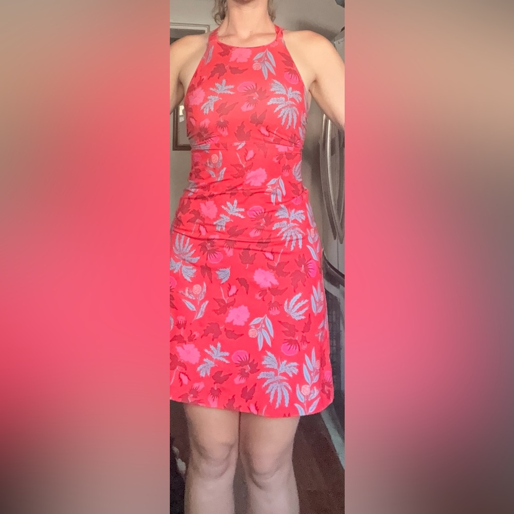 Patagonia Active Halter Dress Red Pink Floral Cross Back Cutout Sporty